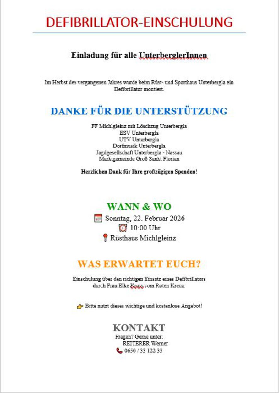 Defibrillator-Einschulung für alle UnterberglerInnen